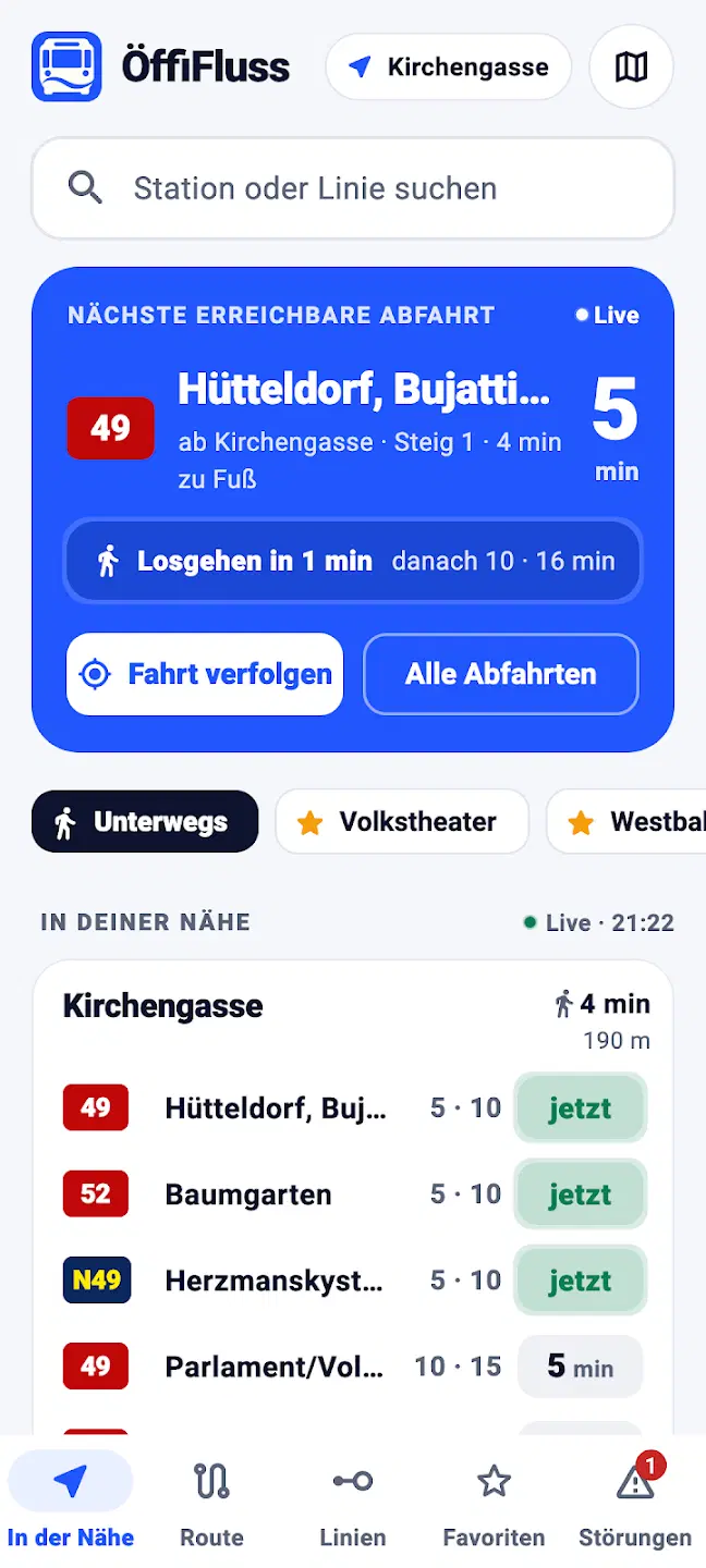 Originalansicht der ÖffiFluss-App: nächste erreichbare Abfahrt und Haltestellen in der Nähe