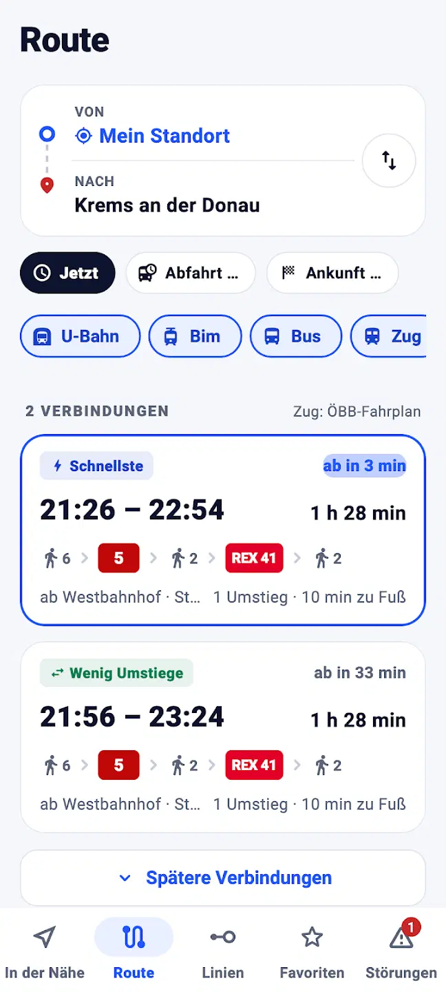 Originalansicht der ÖffiFluss-App: Routenplanung mit Fahrtzeiten und Umstiegen nach Krems an der Donau